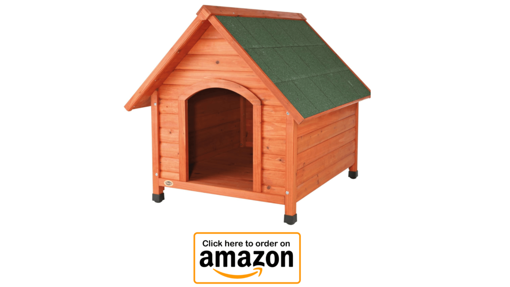 TRIXIE 30" Cottage Durable Weatherproof Wooden Dog House for Small Dogs, Indoor Outdoor Doghouse, Puppy Shelter with Elevated Floor, Peaked Roof, Adjustable Legs, Brown